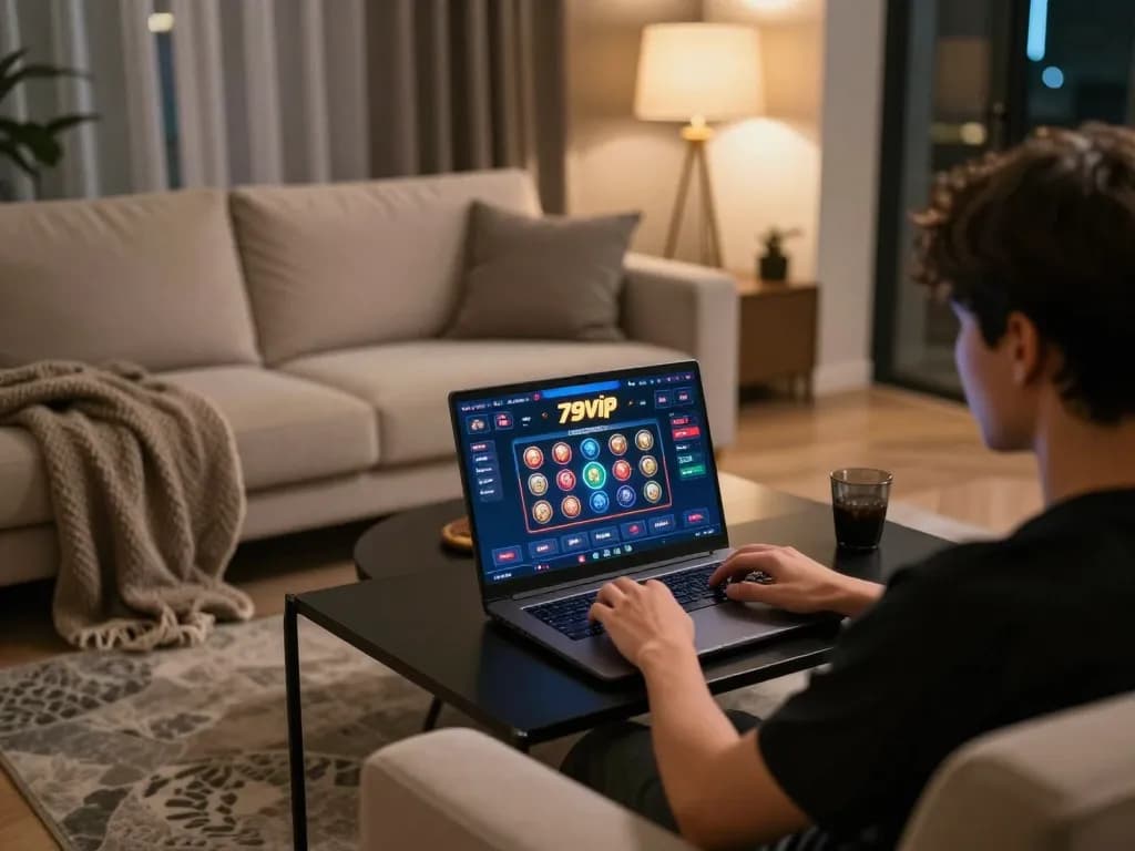 Engaging with fun79vip on a laptop in a cozy living room setup during an evening gaming session