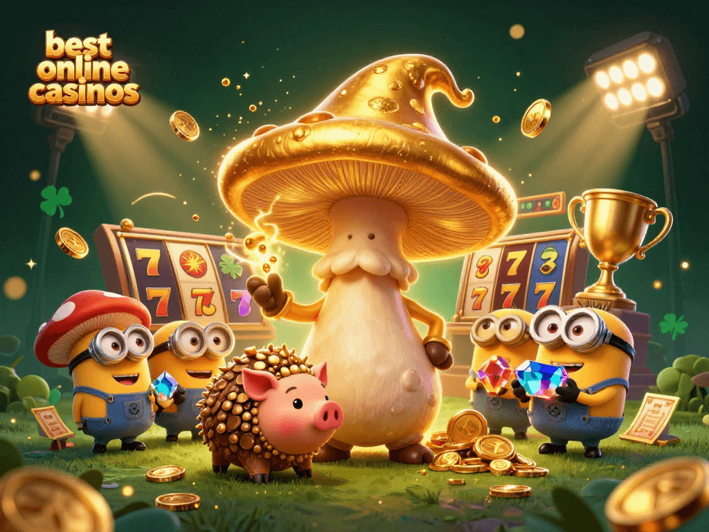 Experience the excitement of the best online casinos with a magical scene of pokies and winnings, showcasing vibrant characters and game elements.