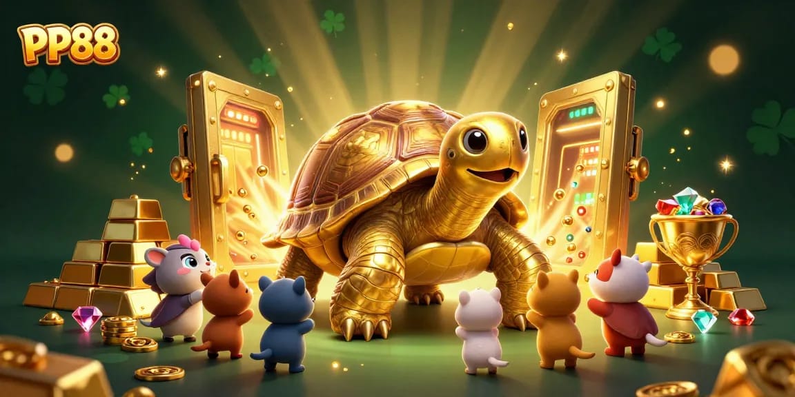 Engage with PP88's thrilling casino games featuring golden tortoise and exciting treasures.