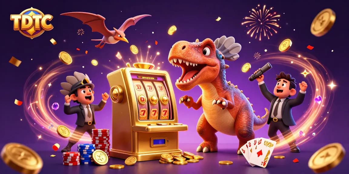 TDTC depicts a pachycephalosaurus winning golden coins at a slot machine in a chaotic casino scene.