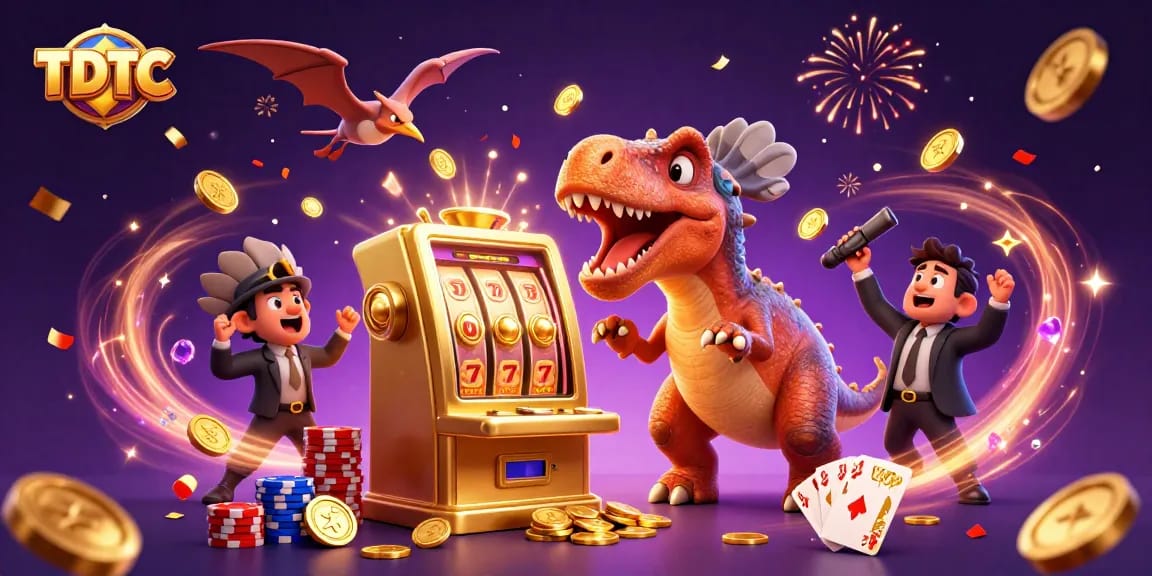 TDTC depicts a pachycephalosaurus winning golden coins at a slot machine in a chaotic casino scene.