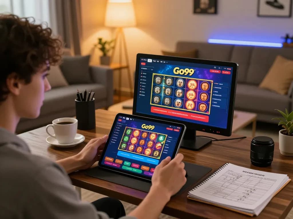 Engaging in Go99 online gaming with a tablet in a cozy home setting, showcasing vibrant casino interface and strategic notes.