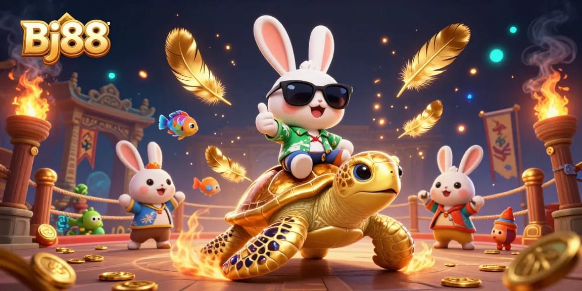 Bj88 offers dynamic online betting fun with a lucky rabbit and golden sea turtle amidst gaming elements.
