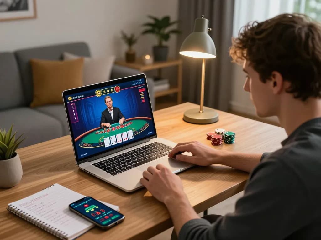 Nohu90 player strategizing during a live blackjack game on a laptop in a cozy home office.