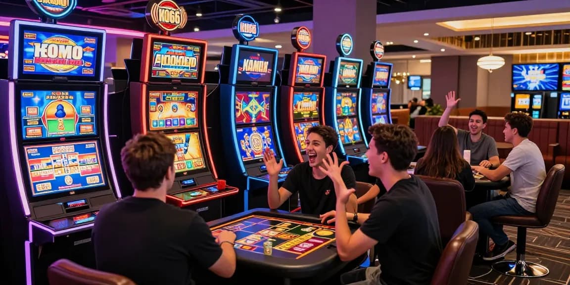 Exciting KO66 casino gaming scene showcasing diverse players enjoying slots and live dealer games in a vibrant atmosphere.