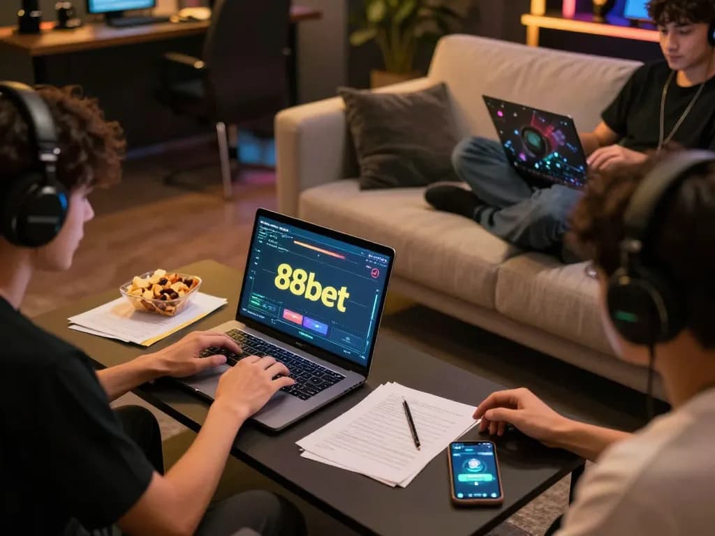 Engaged players strategizing on their 88bet gaming experience with laptops and mobile apps.