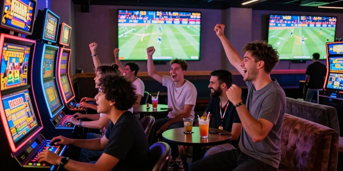 Pengunjung memainkan slot di lounge game yang ceria dan penuh warna.