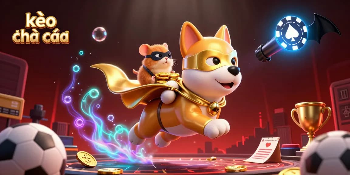 Engage in kèo nhà cái as a superhero dog soars with sports elements and coins.