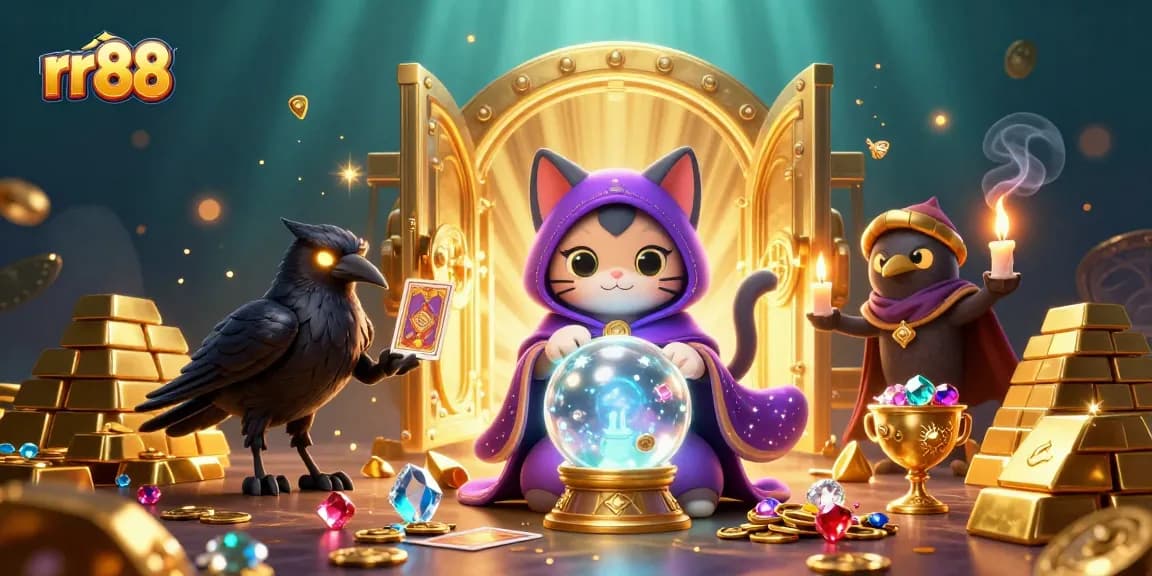 Experience thrilling gambling action at rr88 with a mystical cat and raven in a vibrant casino setting.