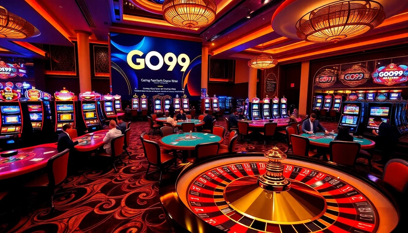 Experience thrilling gameplay at GO99 Casino with vibrant poker tables and slot machines.