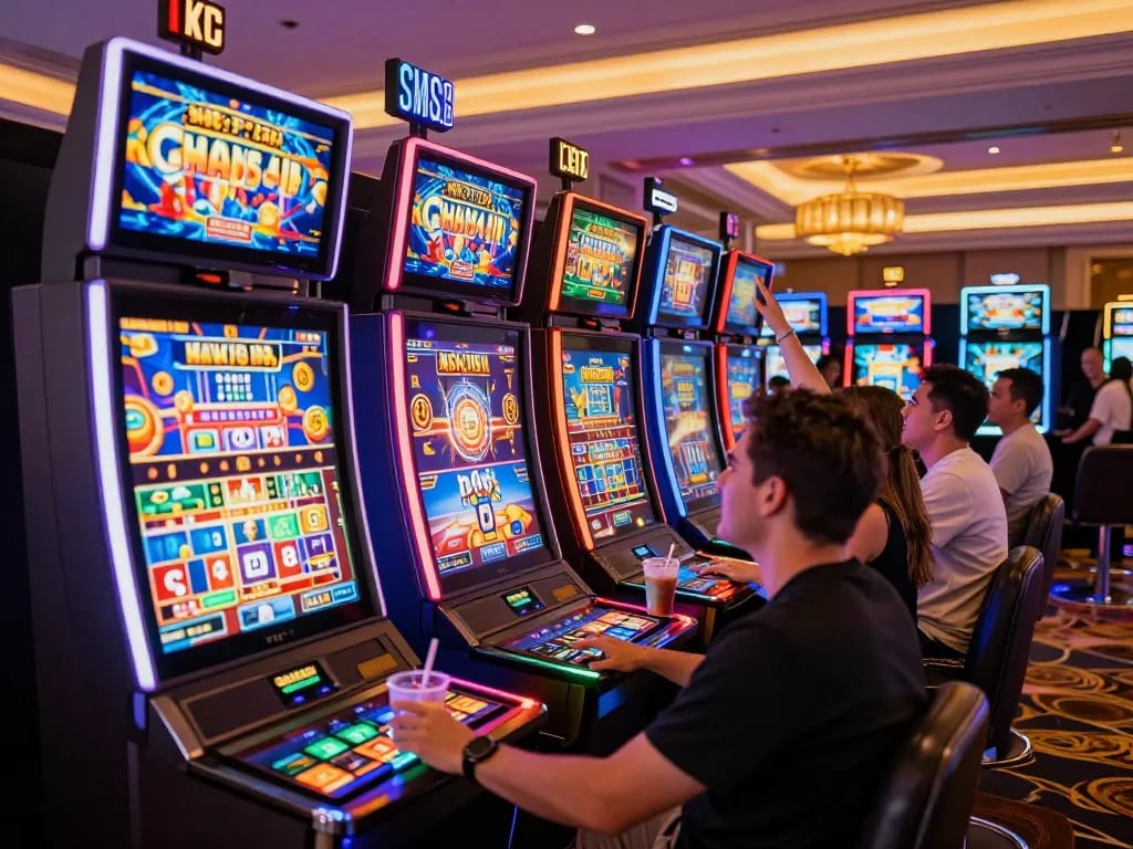 Gsc108 players celebrating big wins at colorful slot machines in a lively casino environment.