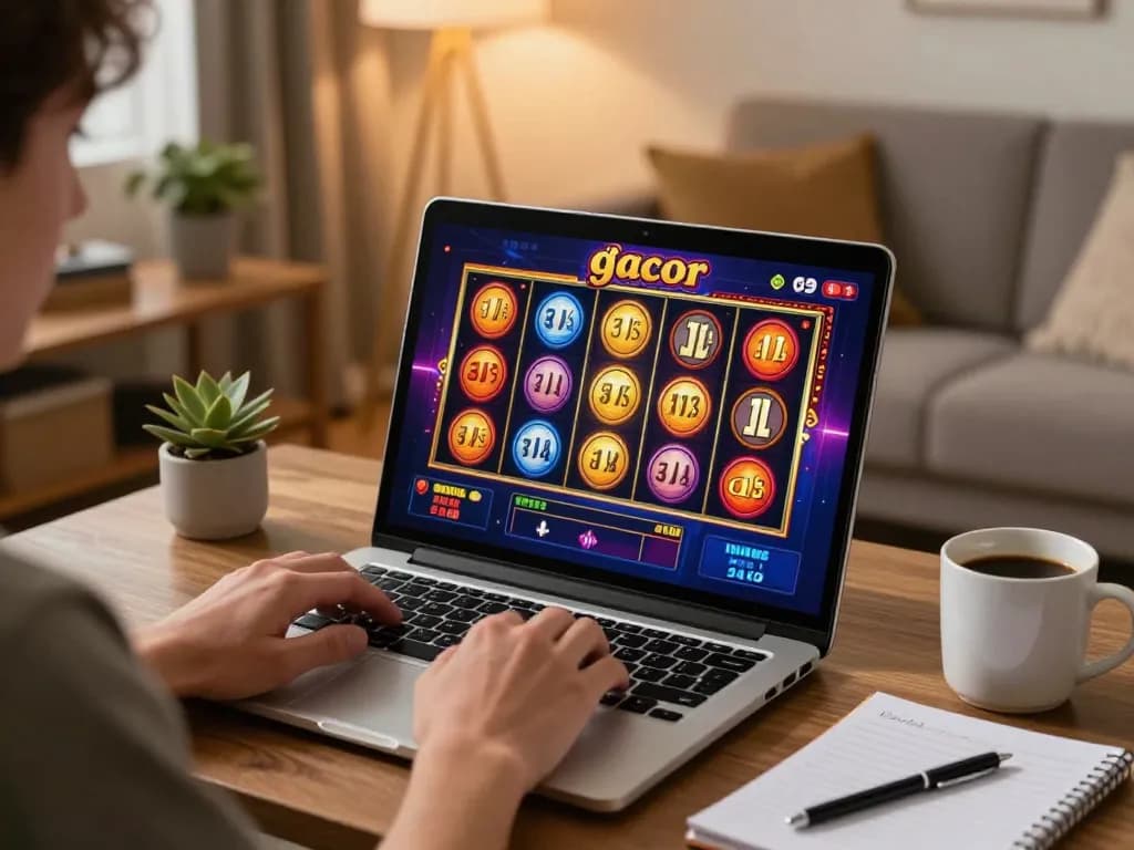 Player engaging in slot gacor gaming on a laptop, showing excitement and strategy in a cozy home setting.