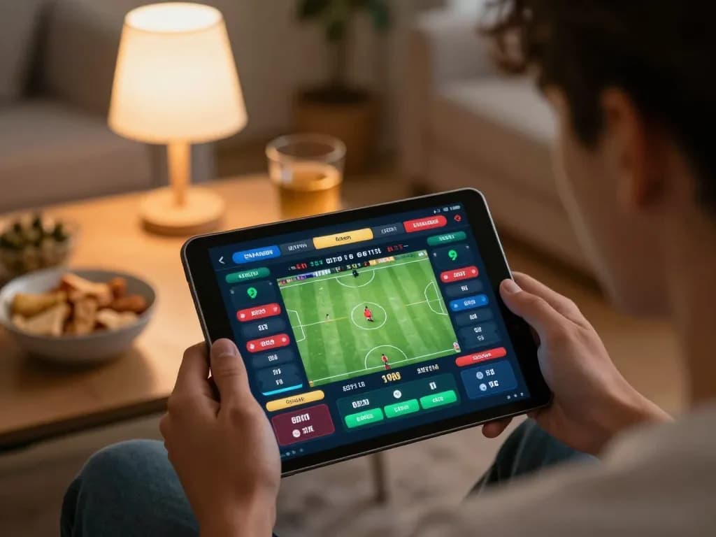 Engaging action of placing bets at soc88 while relaxing at home with a tablet.