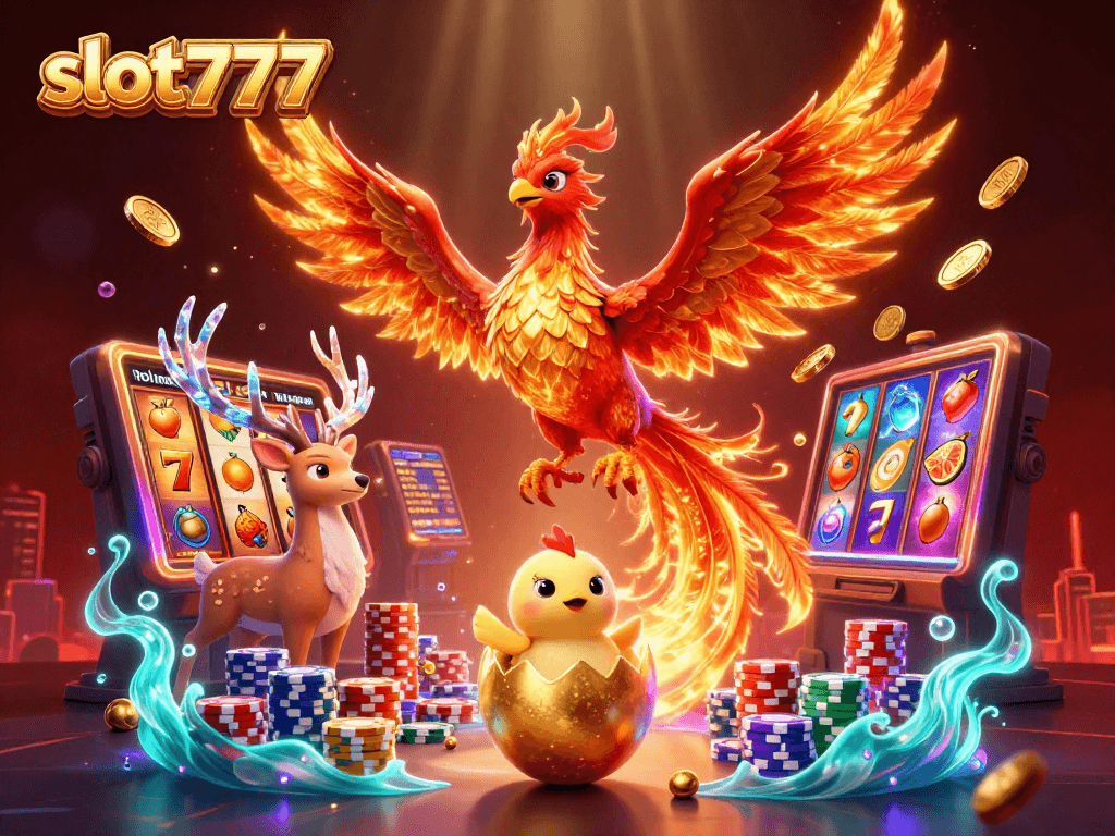 Spin and win big with slot777's thrilling phoenix-themed illustration showcasing casino excitement and adventure.