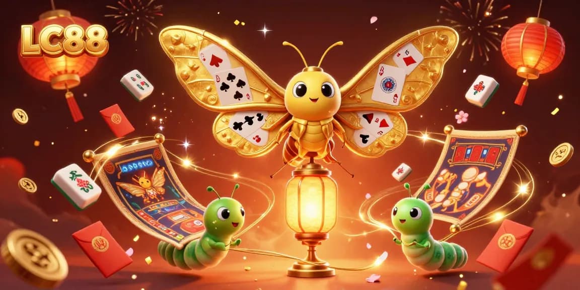 LC88 showcases a vibrant casino scene with golden moths, lottery symbols, and festive elements.