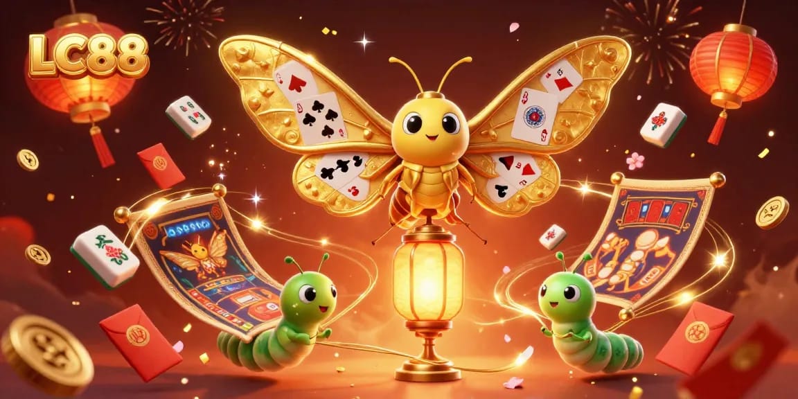 LC88 showcases a vibrant casino scene with golden moths, lottery symbols, and festive elements.