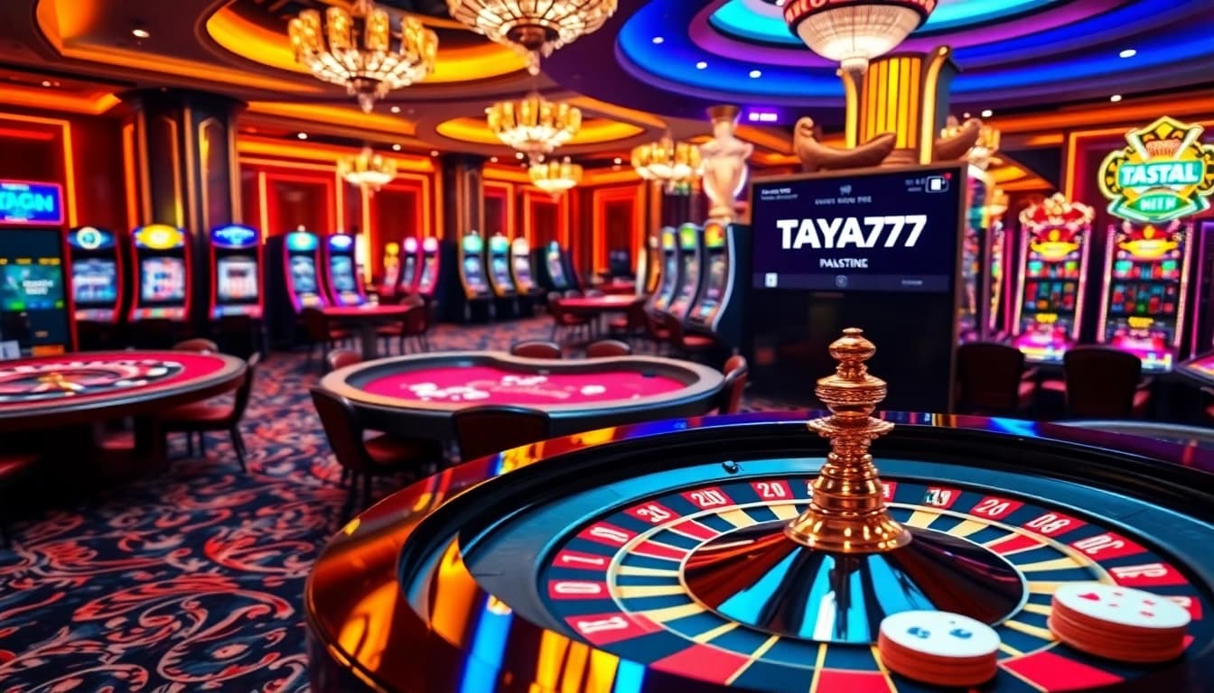TAYA777 vibrant casino atmosphere with tables, slot machines, and roulette, evoking excitement.