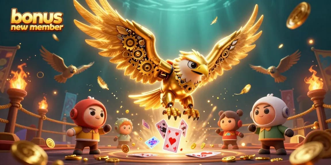 Win with the bonus new member promotion, featuring animated characters in a vibrant casino scene.