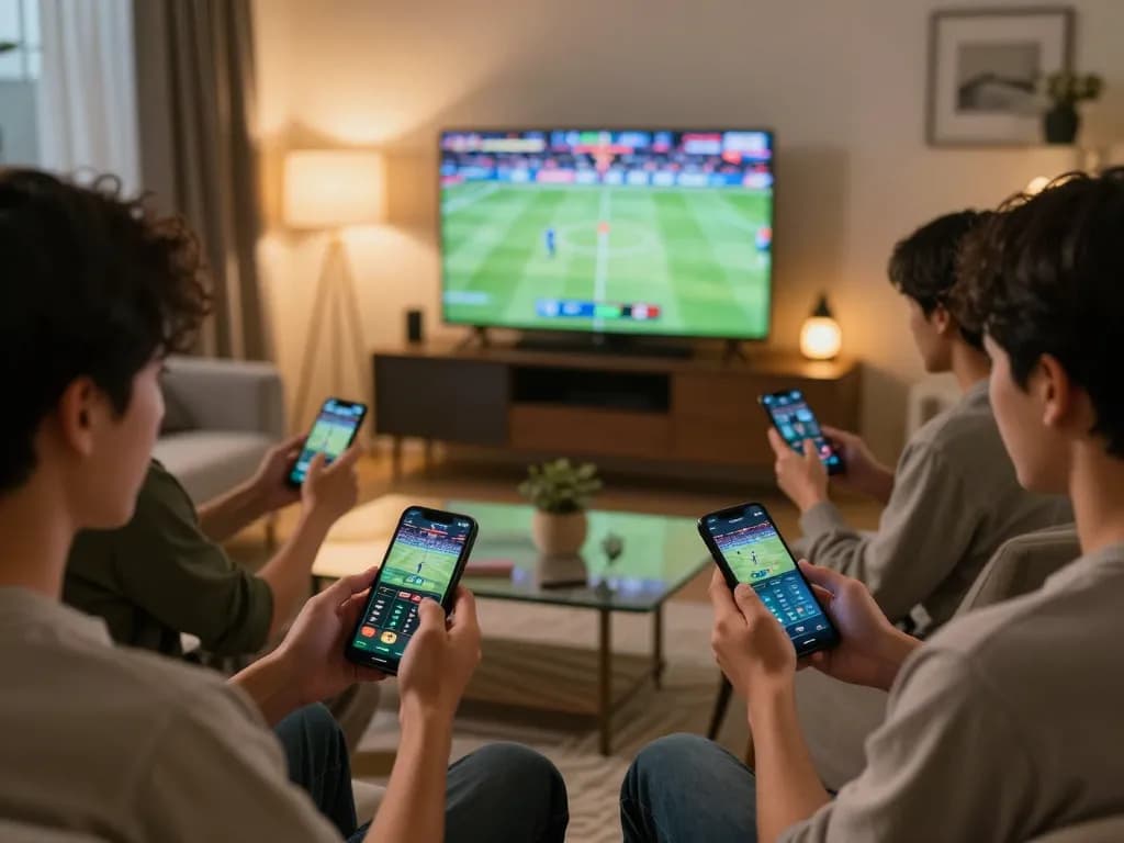 Open88 players excitedly betting on live sports, showcasing mobile gambling in modern settings