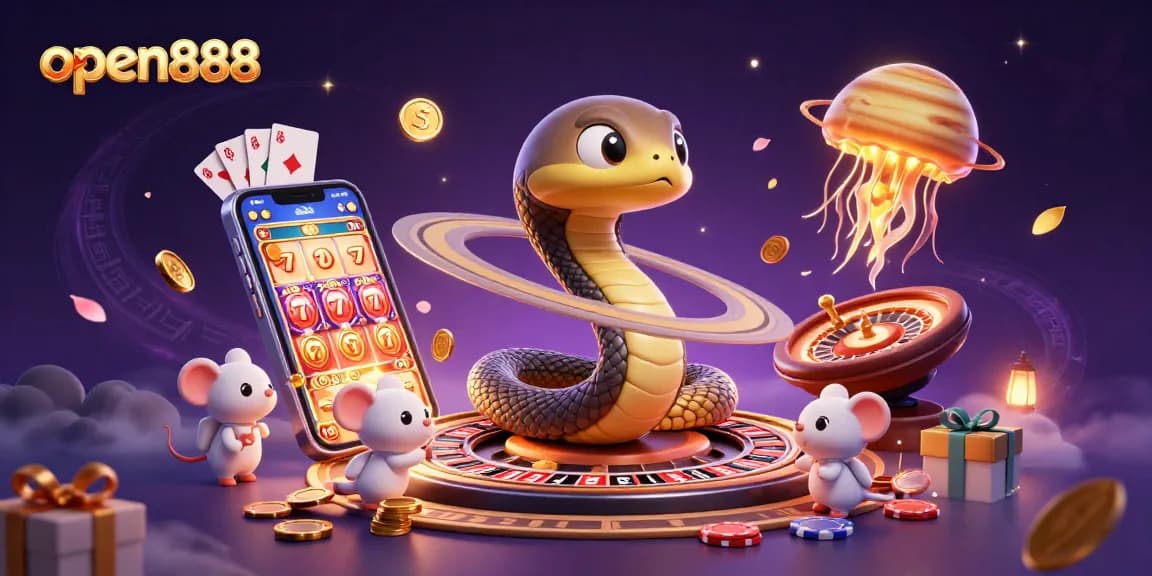 open888 showcases a vibrant casino scene with betting astronaut mice and a cosmic dealer jellyfish.