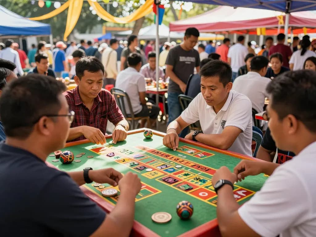 Xóc đĩa game engaging players and spectators outdoors, showcasing vibrant festival energy.