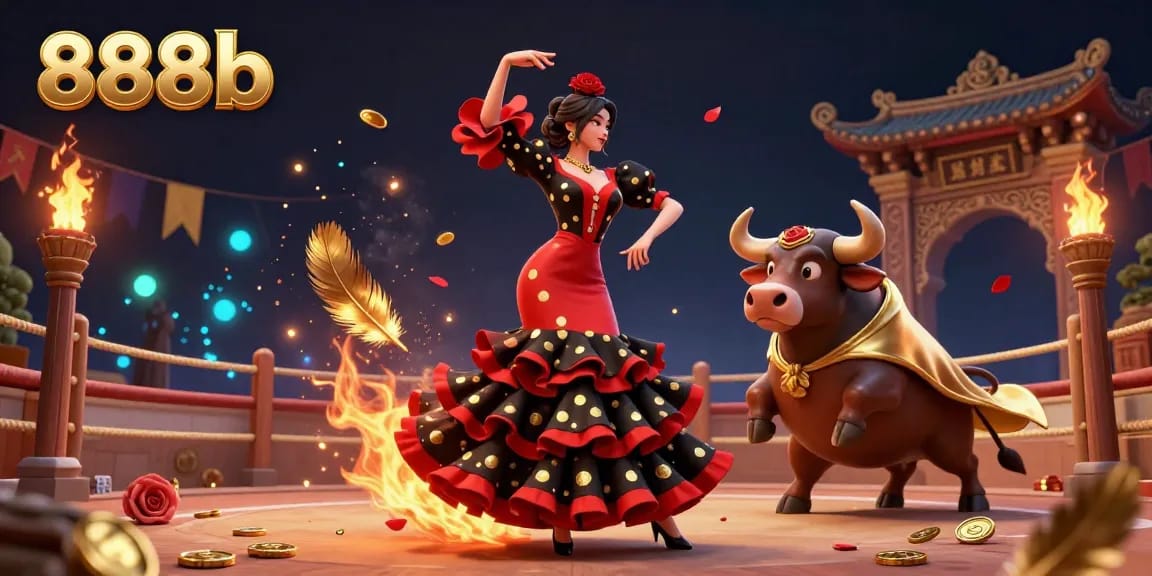 Experience the thrill of 888b with a captivating flamenco dancer and a striking bull in this engaging gaming scene.