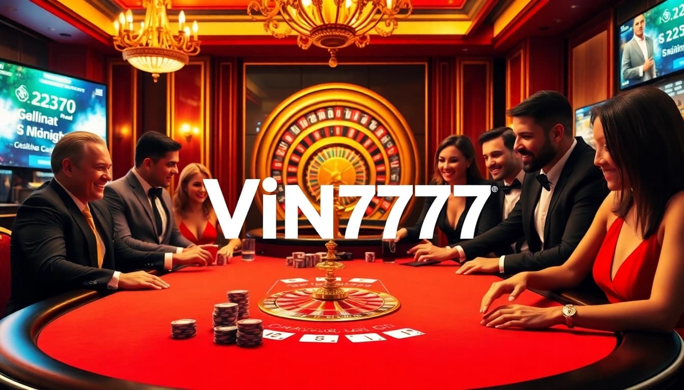 Experience the excitement of Vin777 casino with players enjoying poker at a luxurious table.