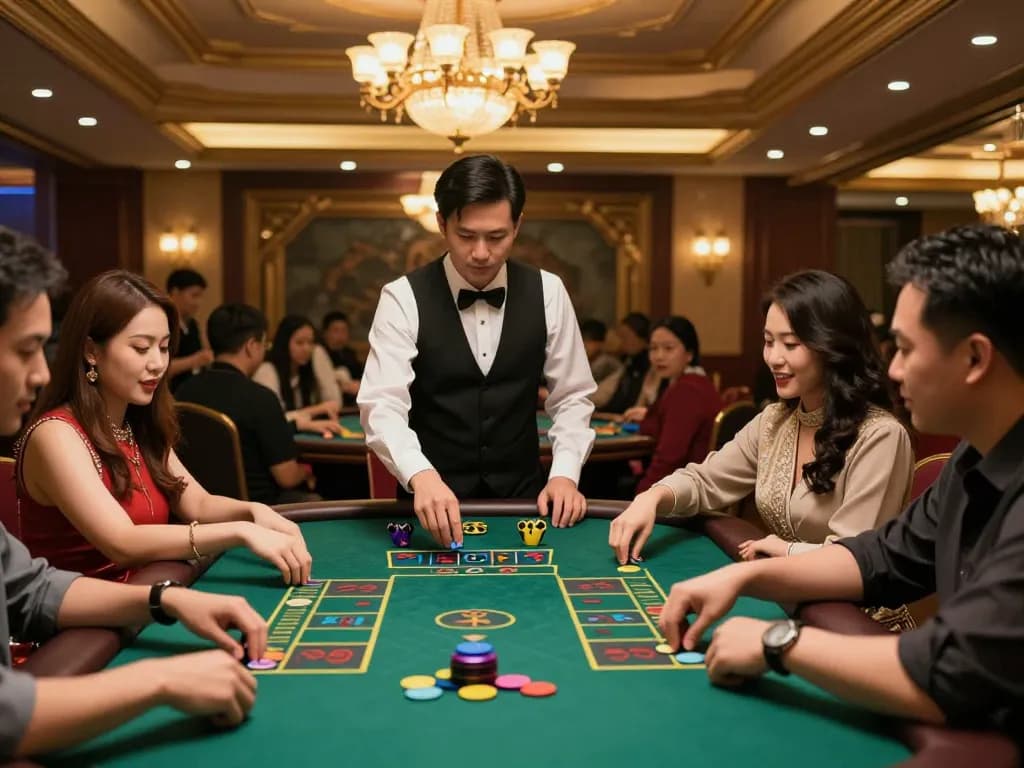 Xóc đĩa game in action with players eagerly placing bets at a lively casino table