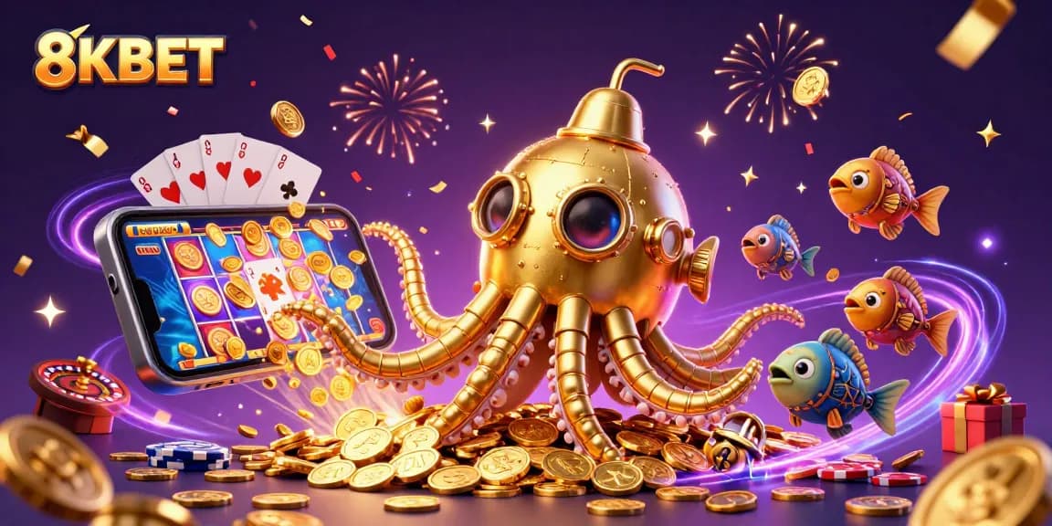 Spin the reels with 8KBET: Experience immersive casino fun in a dynamic victory scene.