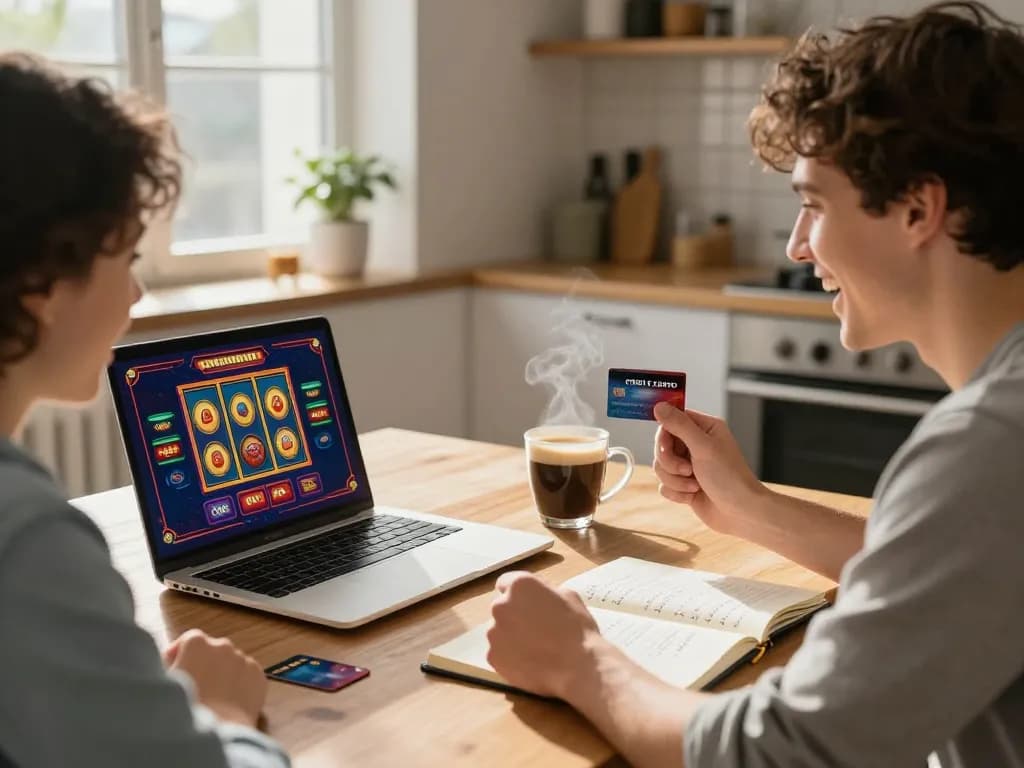 Engaging in credit card casino gaming at home with laptop and strategy notes