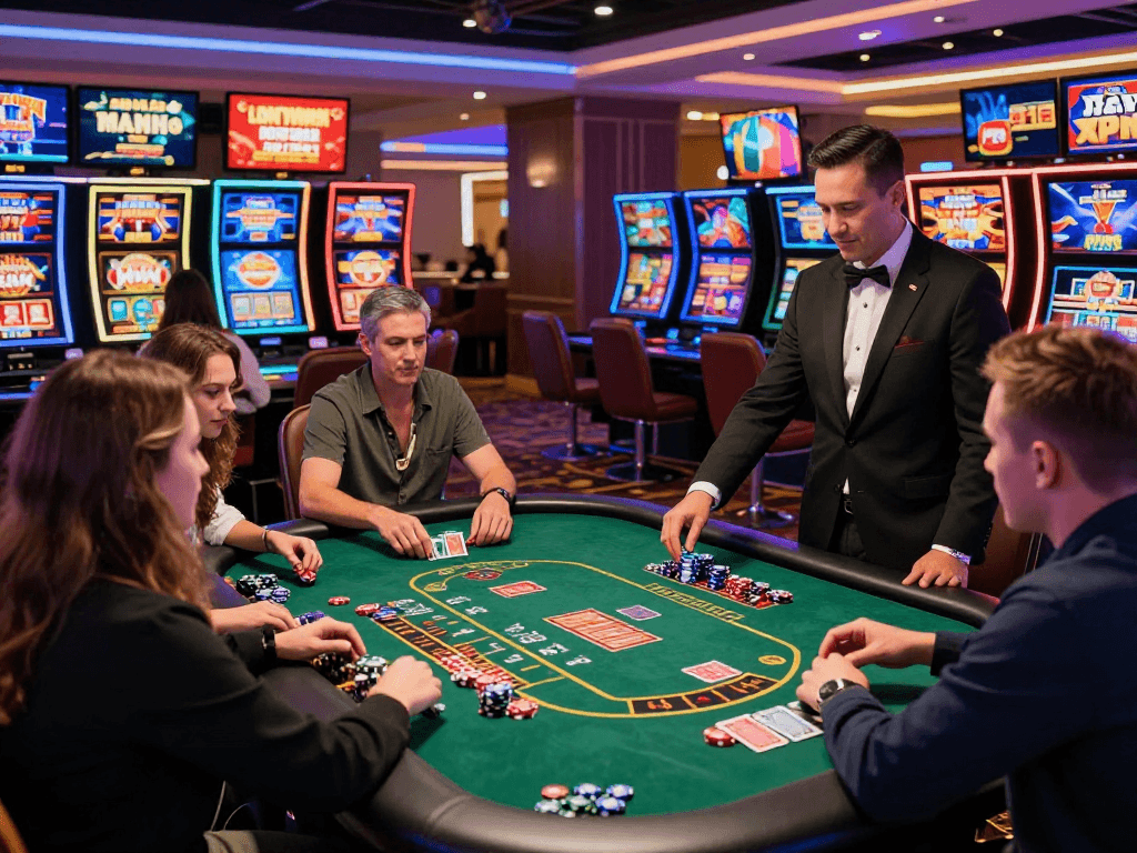 Players enjoying USA online casinos with vibrant games, neon lights, and engaging atmosphere for immersive gaming experience.