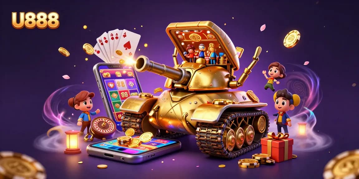 Win exciting prizes at U888 in a vibrant, animated casino scene full of action.