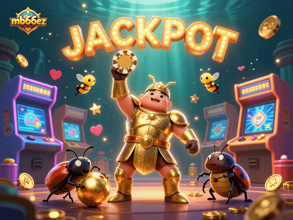 Experience jackpots at mb66ez with vibrant casino-themed characters celebrating a big win