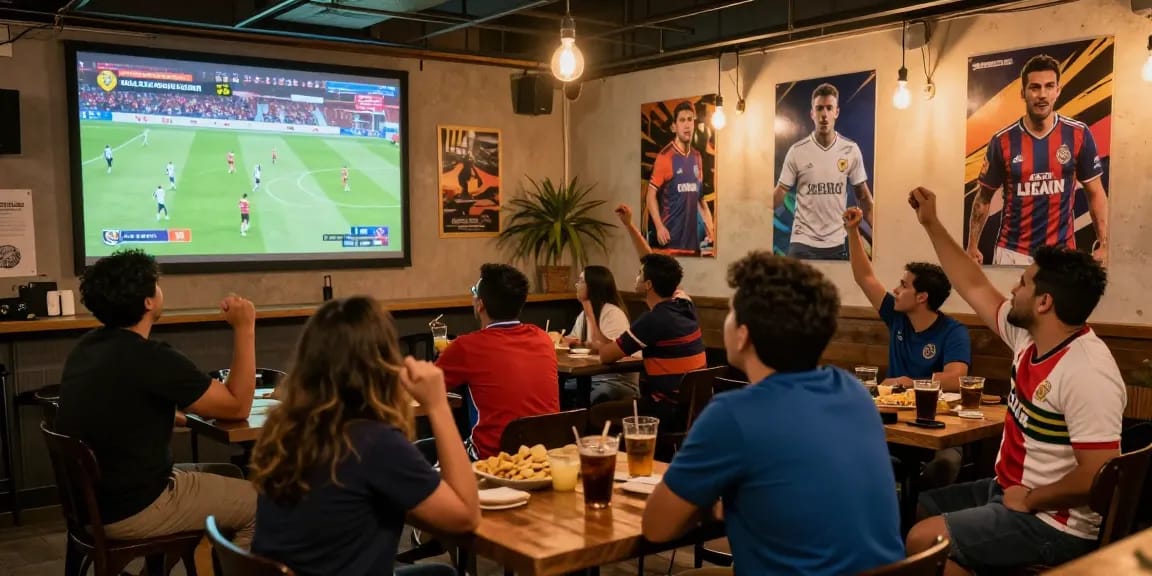 Pelota Libre fans enjoying live football match at a vibrant bar.