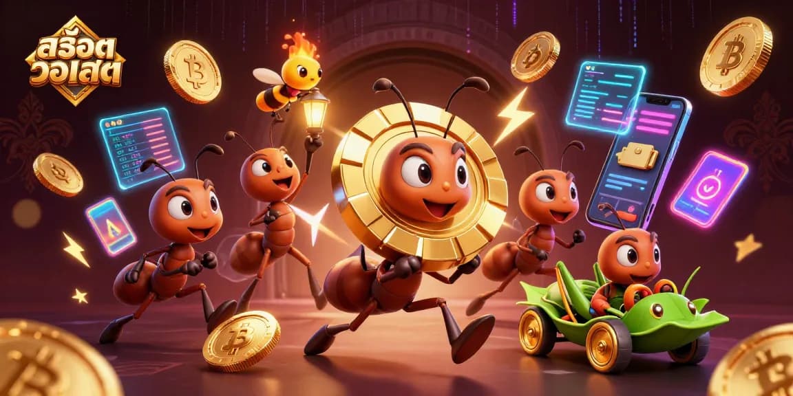 Engage with สล็อตวอเลท in this vibrant casino scene featuring ants heisting a giant poker chip.