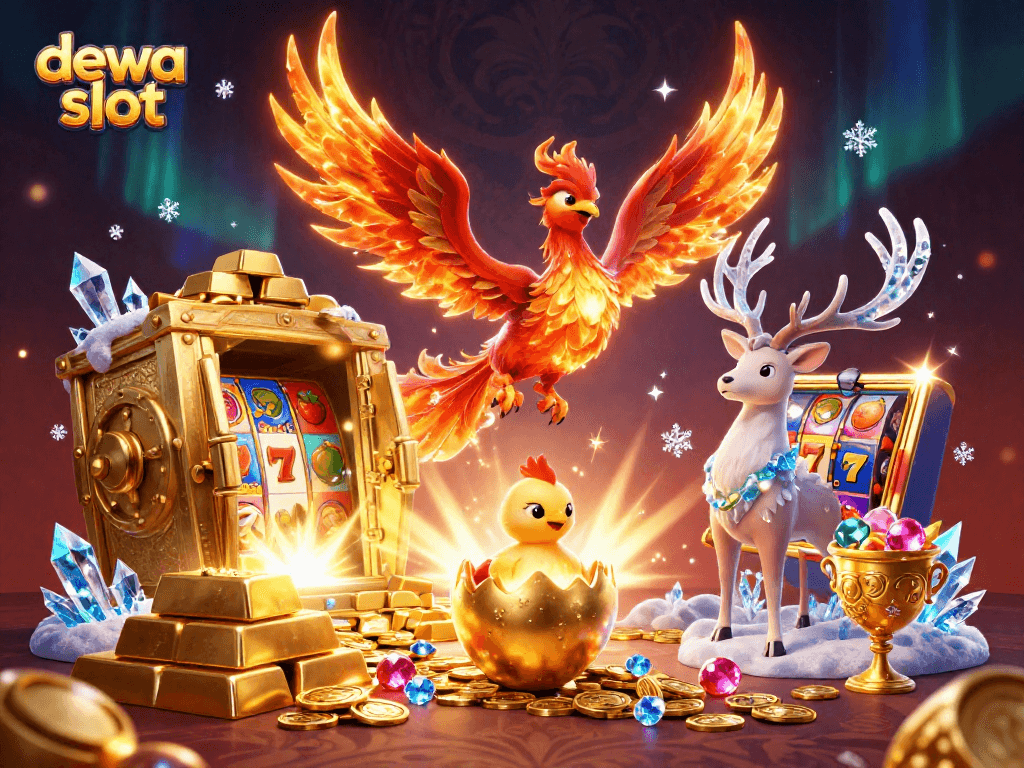 Dewa slot attracts players with a phoenix and treasures, embodying winning potential in a dynamic casino scene.
