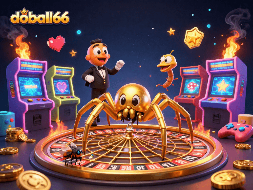 Engage with doball66 as a golden web roulette spins amidst arcade excitement.