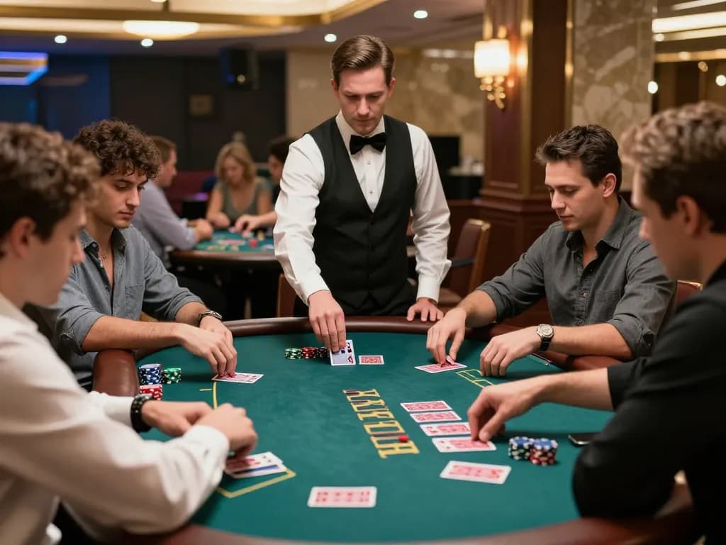 Incakoin players strategizing in a lively blackjack game at a luxurious casino table.