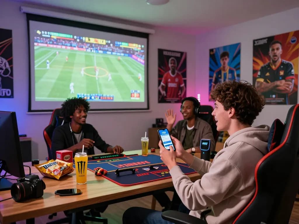 Friends enjoying a vibrant gaming session using the 32win app in a stylish online betting environment.