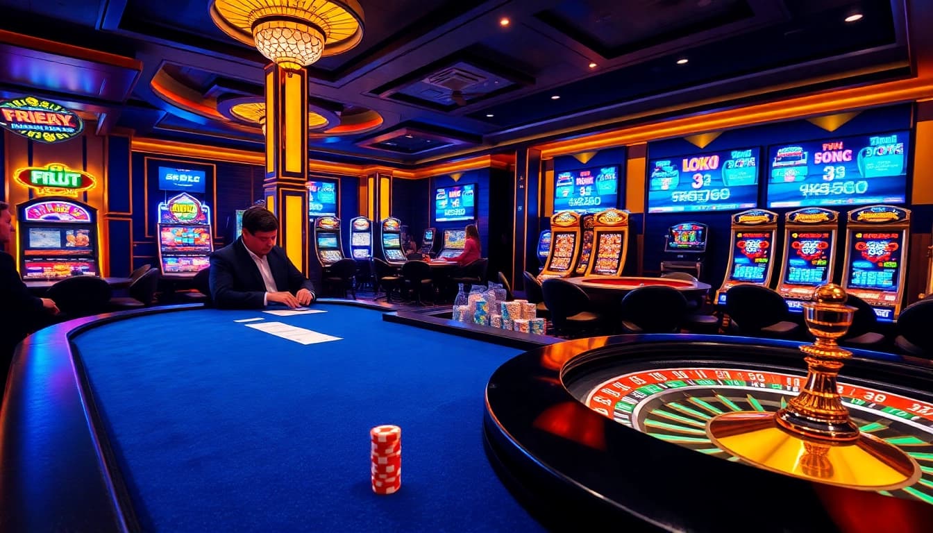 KQBD scores displayed during an exciting casino scene with gamblers at poker tables and slot machines.