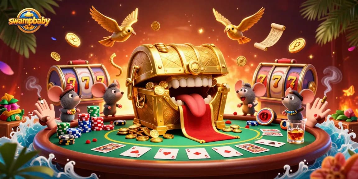 Engage with swampbaby-themed casino experience showcasing a treasure chest luring players towards exciting jackpots.