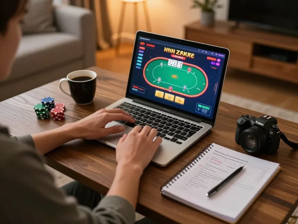 Pengguna Kanzenmap menikmati permainan poker online di laptop mereka di rumah dengan catatan strategis