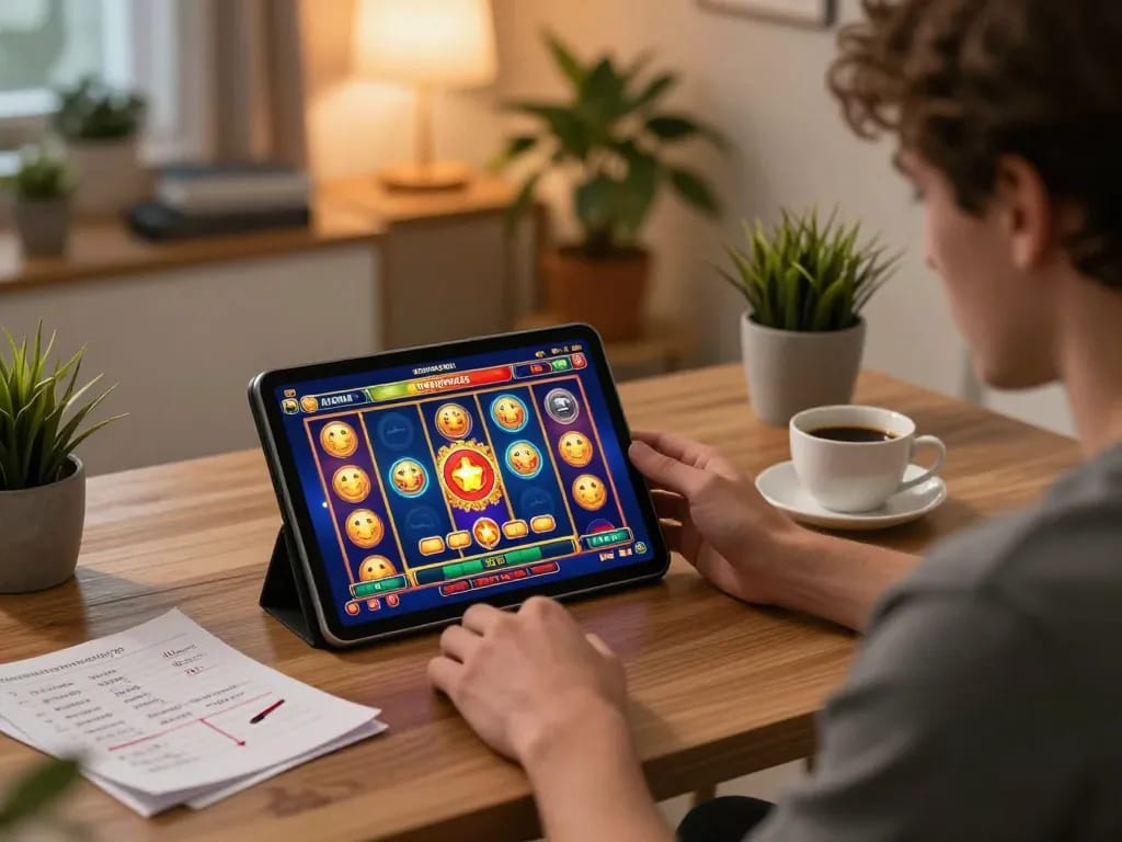 Player enjoying 98win online casino gaming on a tablet, surrounded by strategy notes and coffee.