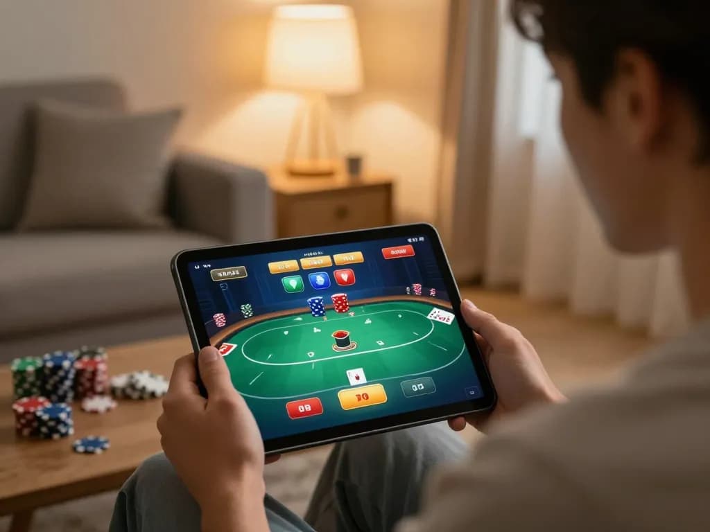 hb88 player enjoying online poker on tablet with cozy home decor and ambient lighting
