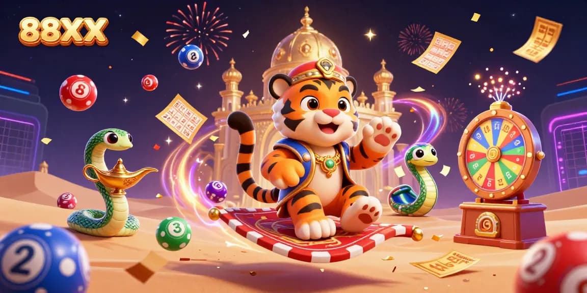 Engage with the 88XX online casino experience featuring a vibrant 3D casino scene.