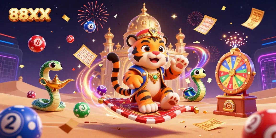 Engage with the 88XX online casino experience featuring a vibrant 3D casino scene.