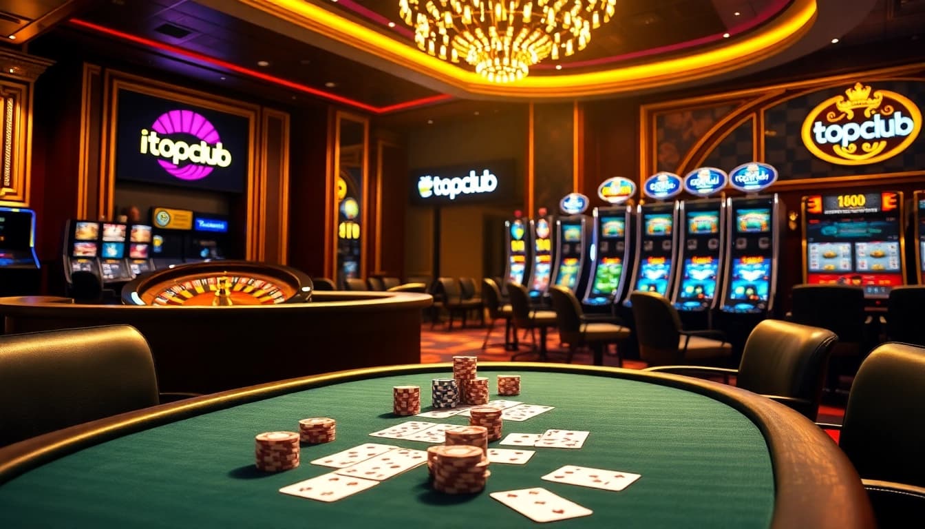 Experience high-stakes excitement at topclub's luxurious poker table with flashing chips and cards.