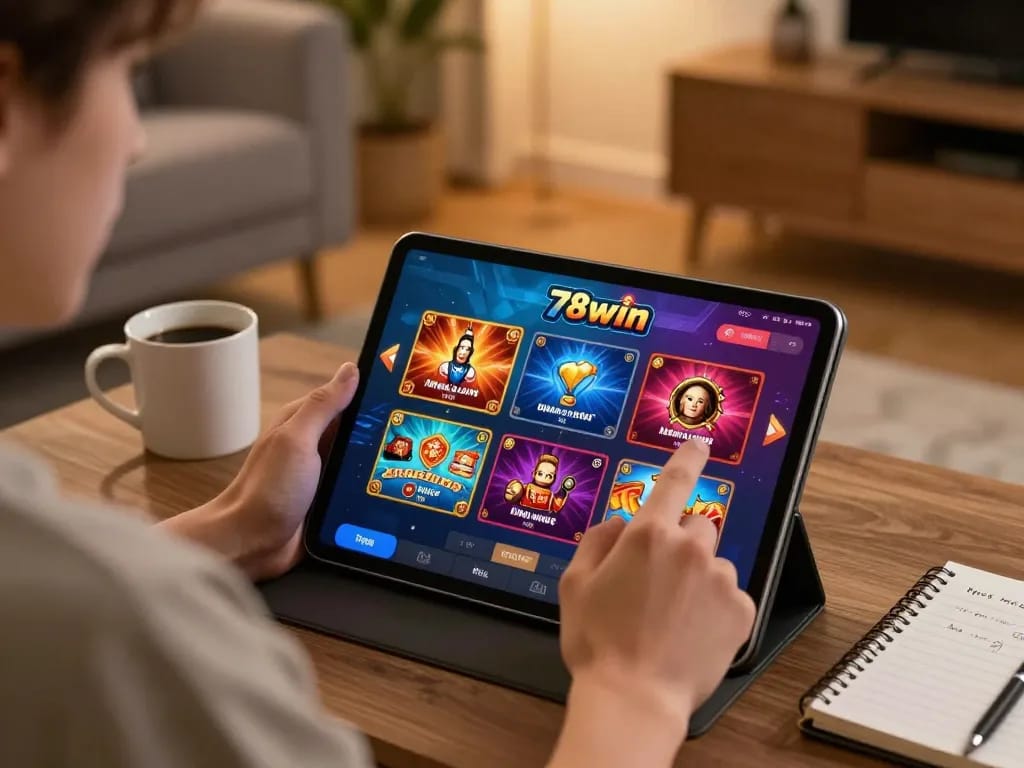 Engaging with the 78win casino app on a tablet, highlighting dynamic game graphics and strategic gameplay.