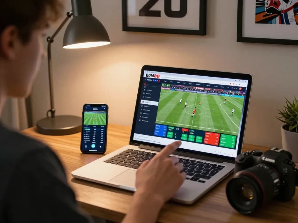 BOM88 user engaging in online sports betting with laptop at home setup.