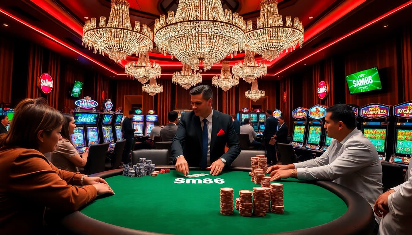 Sam86 casino table with vibrant poker action and colorful chips enhancing the gambling experience.